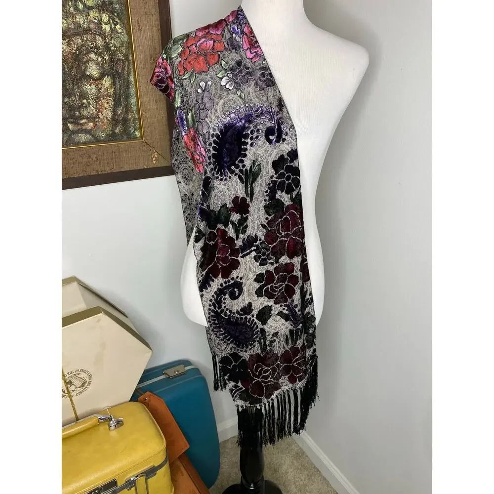 Floral Paisley Burnout Velvet Scarf Fringe Burgundy Purple Black 62”